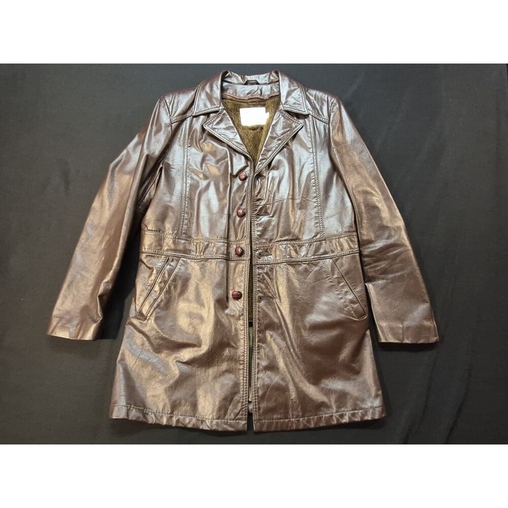 Vintage GINO LEATHERS Brown Leather Coat Sz 40L Zip Out Lining Mens Dresscoat